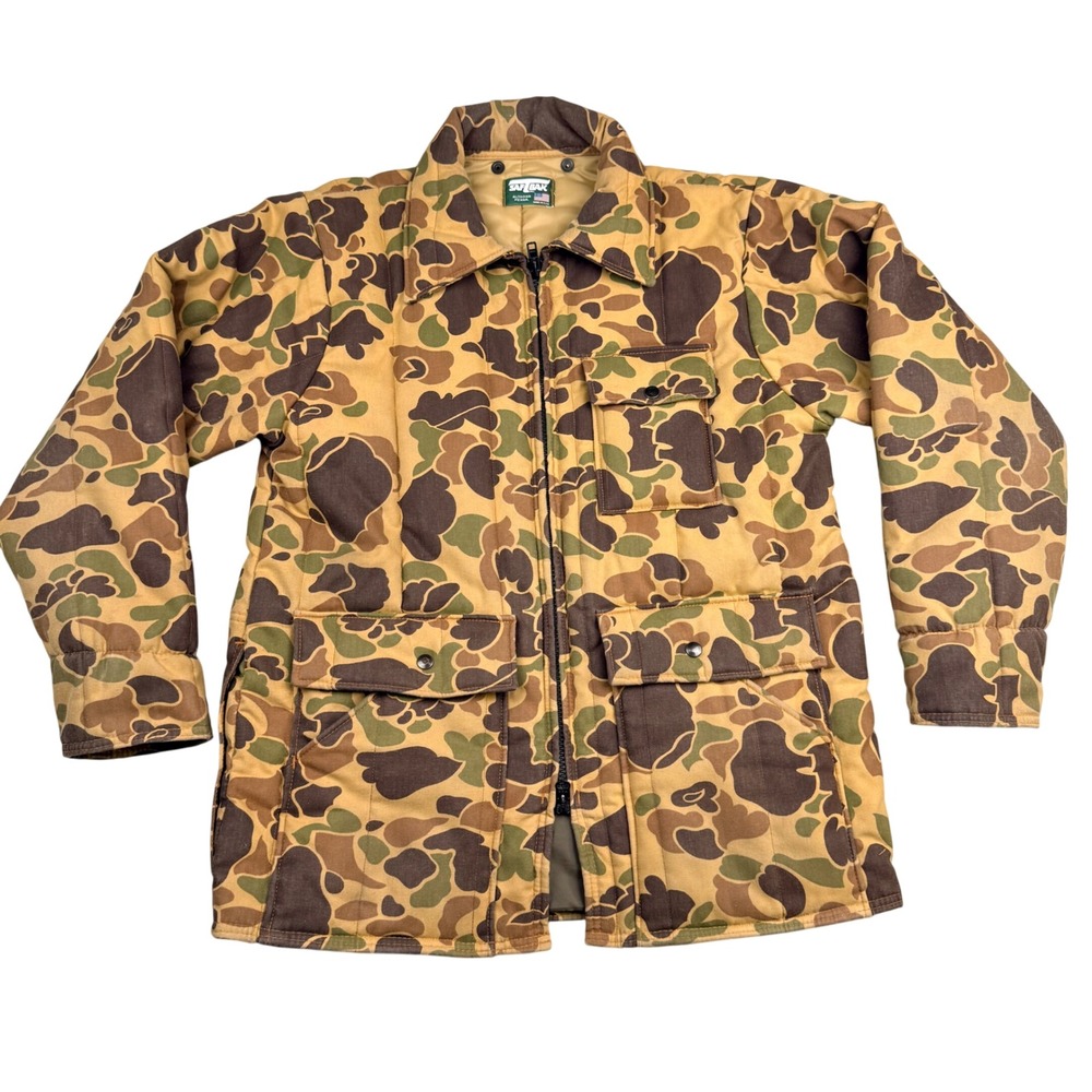 Saf-T-Bak Vintage Duck Camo Hunting Jacket Made USA Full Back Pocket Coat Mens